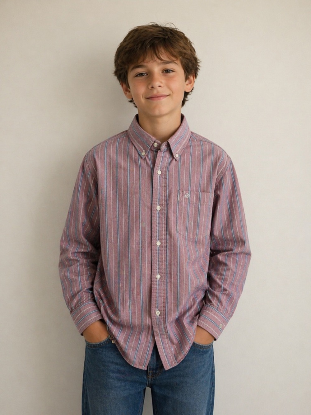 Classic vintage Carmel boys button-down shirt in  pink, blue, and white stripe